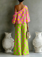 Colorful Polka Dot off-shoulder Top And Wide-leg Pants Two-piece Set