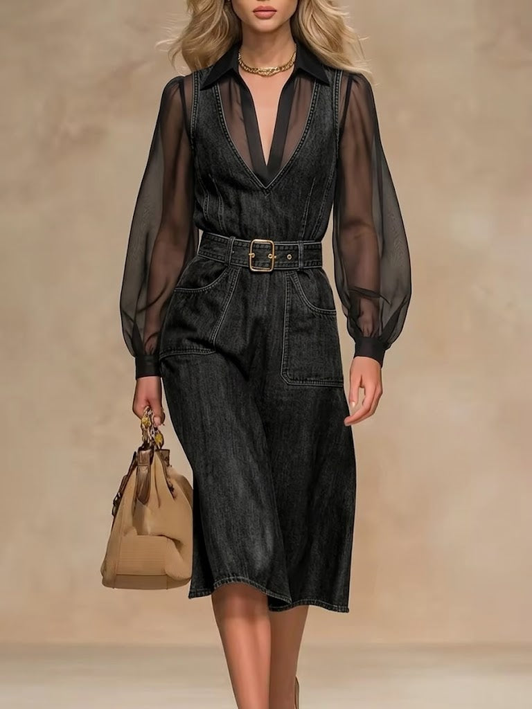 Stylish Casual Spliced chiffon And Denim Dress