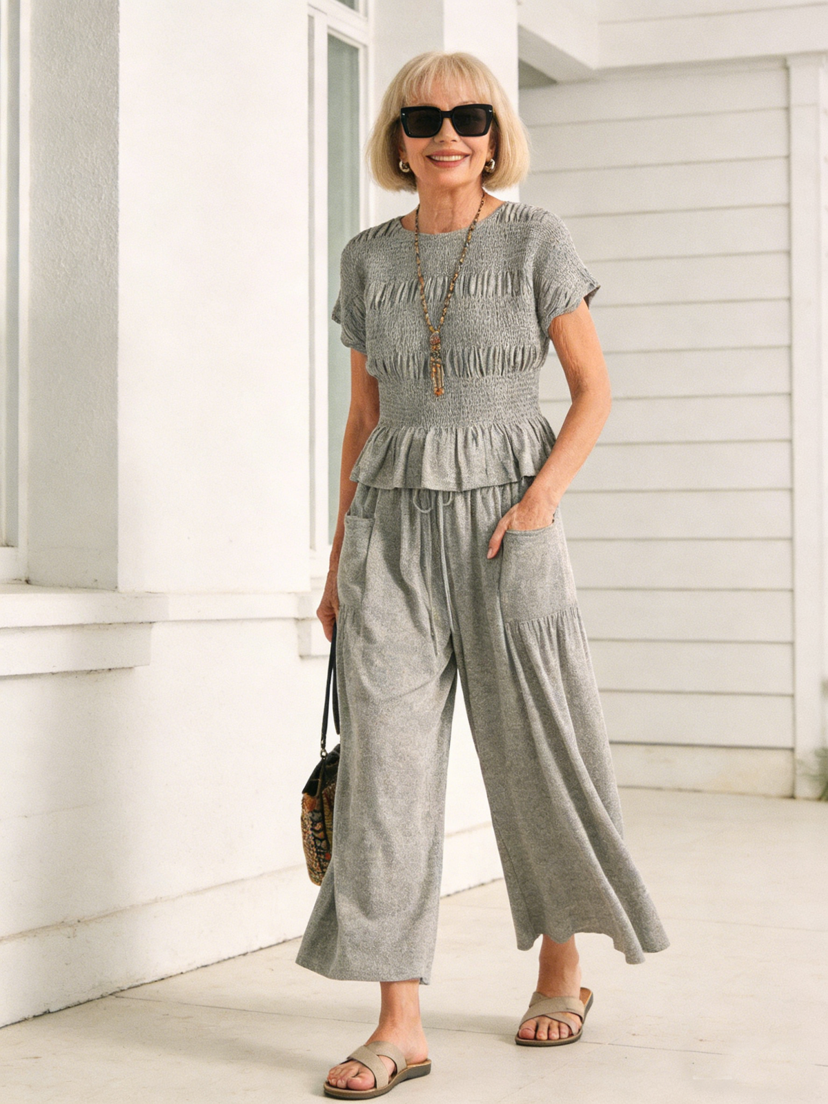 2pcs Cotton Harem Pants Mid-rise Casual Suit Resort Style