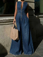 Pleated Pockets Solid Color Zipper High Waisted Sleeveless Round-Neck Jumpsuits