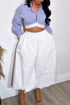 Women Collar Short Shirt or Wide Leg Lantern Pants