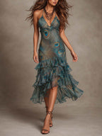 Vintage Peacock Print Chiffon Halter Tiered Ruffle Midi Dress