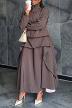 Women Stand Up Collar Vertical Patterned Jacket + Patchwork Skirt Elegant Temperament Set