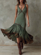 Boho Dip-Dyed Ruffled Hem Midi Dress