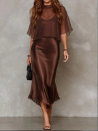Retro Elegant Chocolate Brown Sheer Chiffon Overlay & Satin Midi Dress Set