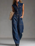 Buttoned Pockets Solid Color Split-Joint Loose Plus Size Stand Collar Jumpsuits