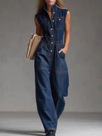Buttoned Pockets Solid Color Split-Joint Loose Plus Size Stand Collar Jumpsuits