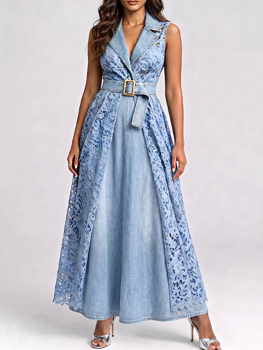 Women's Casual Loose Denim And Lace Patchwork Dress With Lapel Collar And Sleeveless Design