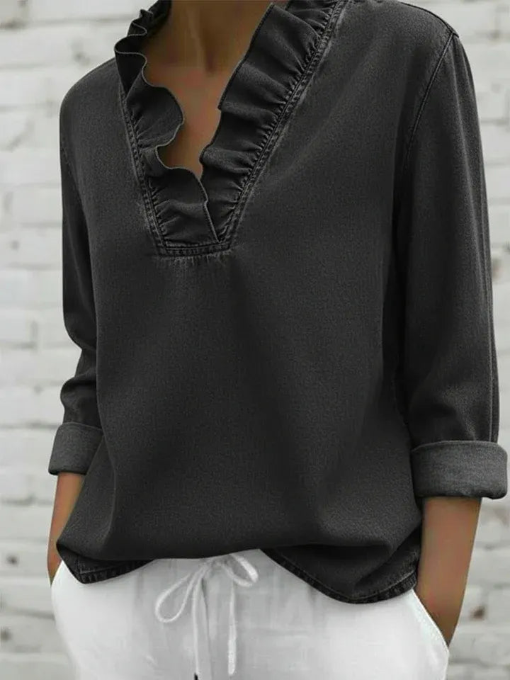 Retro Romantic Ruffled V-neck Denim Shirt