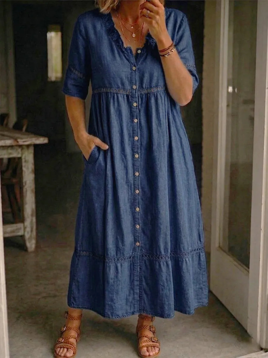 Casual Denim Dress With Cutout Webbing And Ruffled Collar