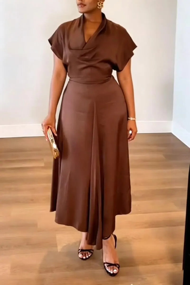 Women V-neck Waist Cinched Solid Color Elegant Casual Dress