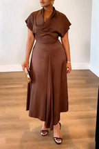 Women V-neck Waist Cinched Solid Color Elegant Casual Dress