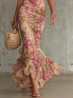 Vintage Rose Print Maxi Dress With Puff Sleeves（Accessories not included）
