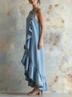 Women's Retro Ruffled Art Stylish Button Casual No Sleeve Denim Dress