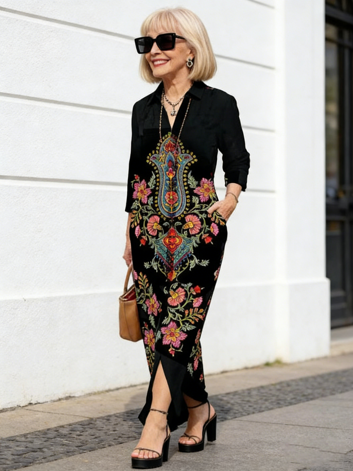 Casual Positioning Print Pocket Lapel Collar Button Long Dress