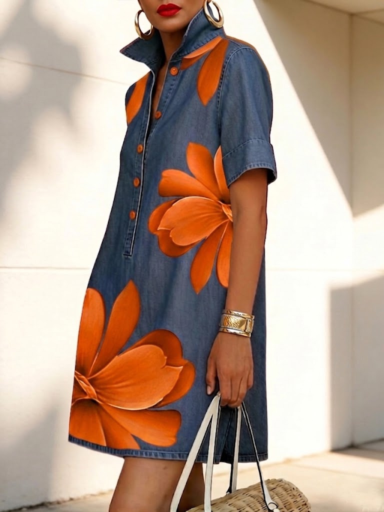 Casual Artistic Floral-print Denim Dress