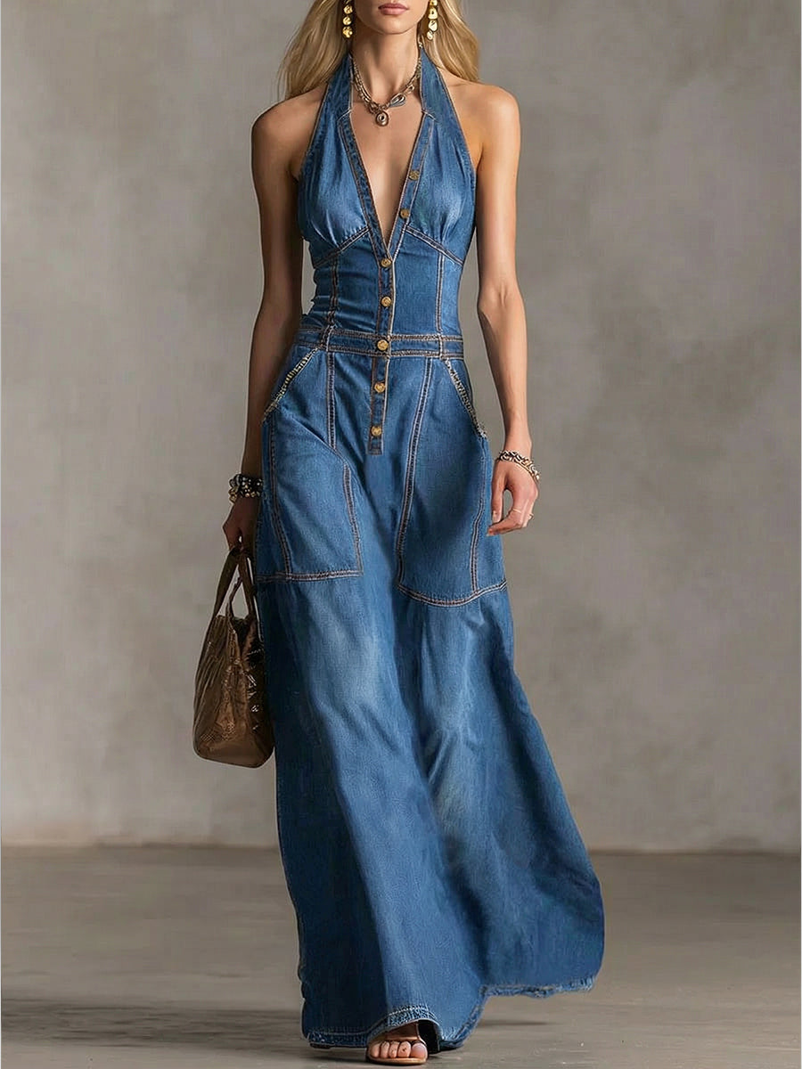 Stylish Slim Fit Sleeveless Denim Maxi Dress