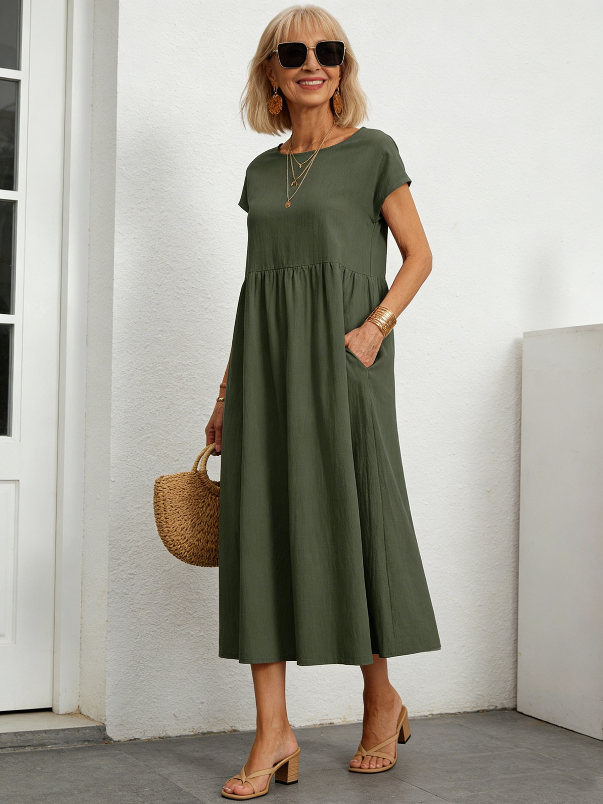 Solid Color Sleeveless Loose Cotton and Linen Pockets, Dress