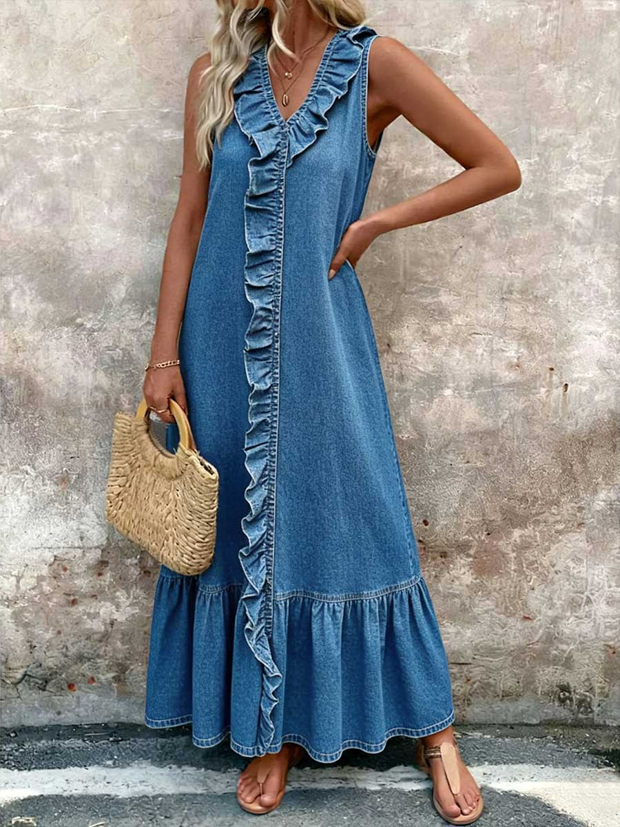 Women's Ruffled V-neck Sleeveless Loose-fitting Denim Dress