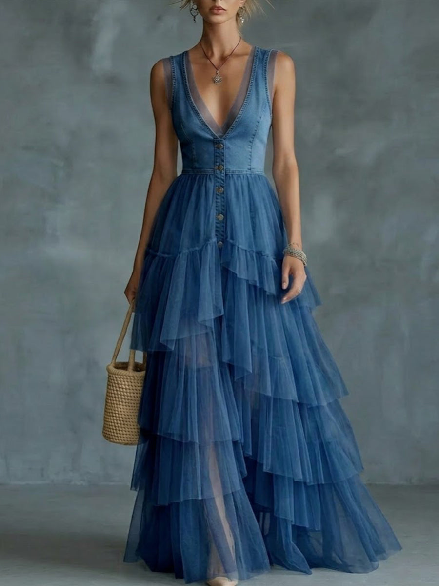 Stylish And Elegant Spliced mesh Denim Dress