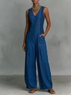 Bohemian-style V-neck Button-front Denim Sleeveless Jumpsuit