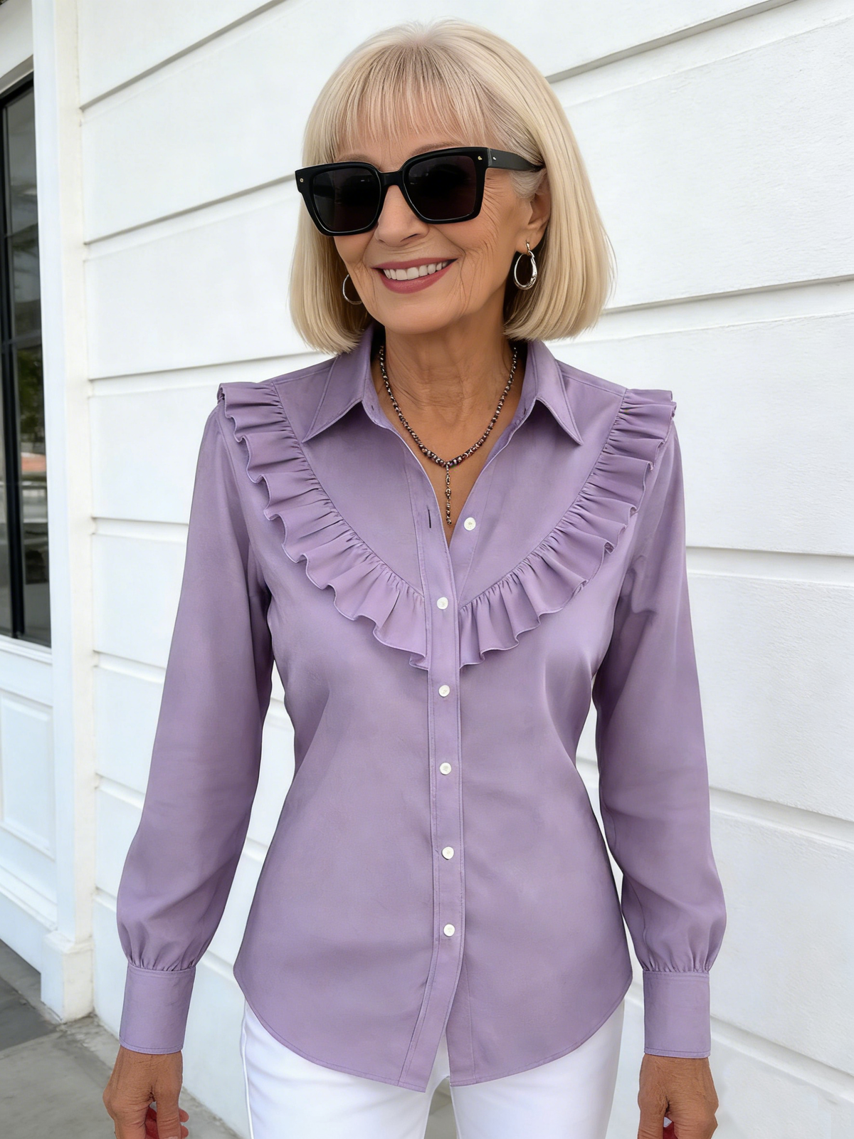 Women's Solid Color Shirt Collar Long Sleeve Casual Loose Ruffle Edge Cotton and Linen Top