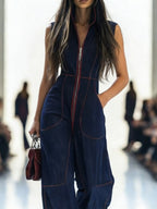 Pockets Zipper High Waisted Sleeveless Stand Collar Jumpsuits