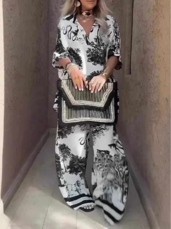 Casual V-neck printed short-sleeved top and wide-leg pants set