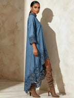 Vintage Lace Mock-neck Denim Maxi Dress