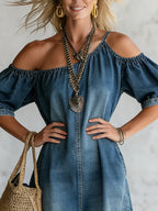 Elegant Off-shoulder Slit Hem Denim Maxi Dress