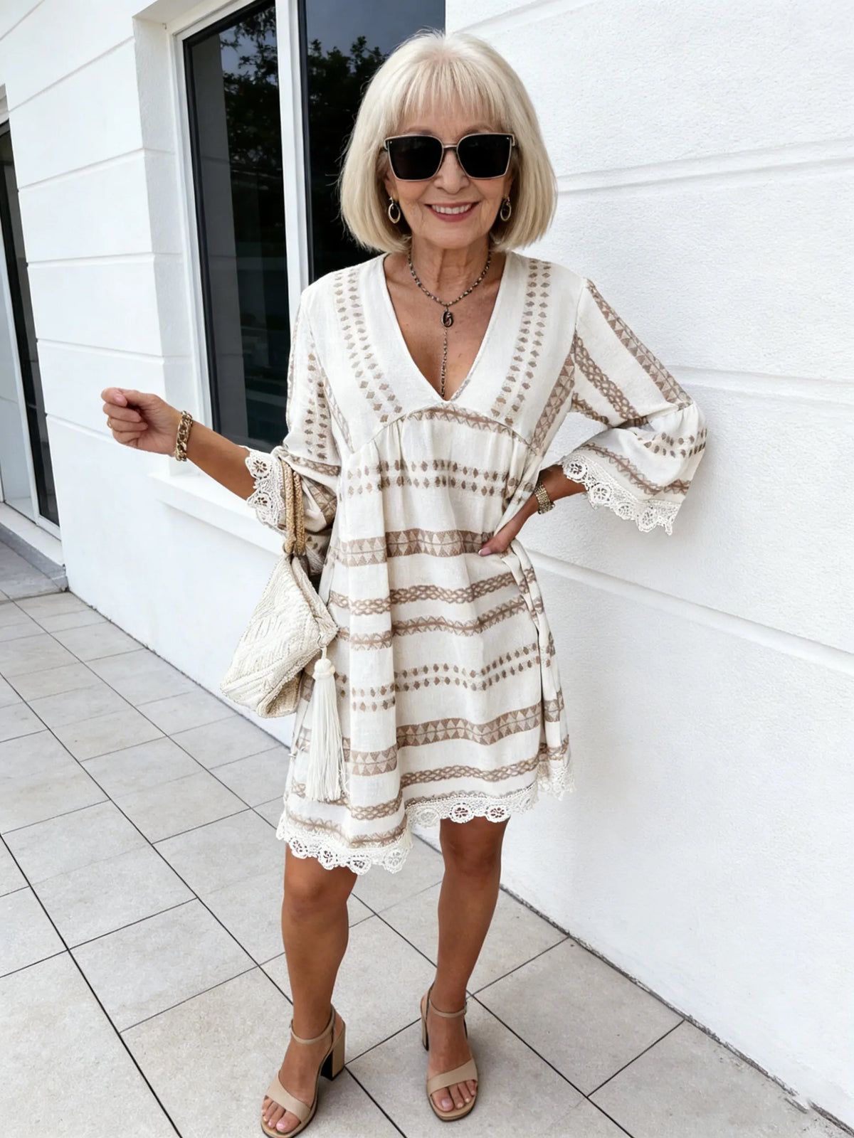 Lace Cuff Dress Deep V Cotton and Linen Breathable Dress