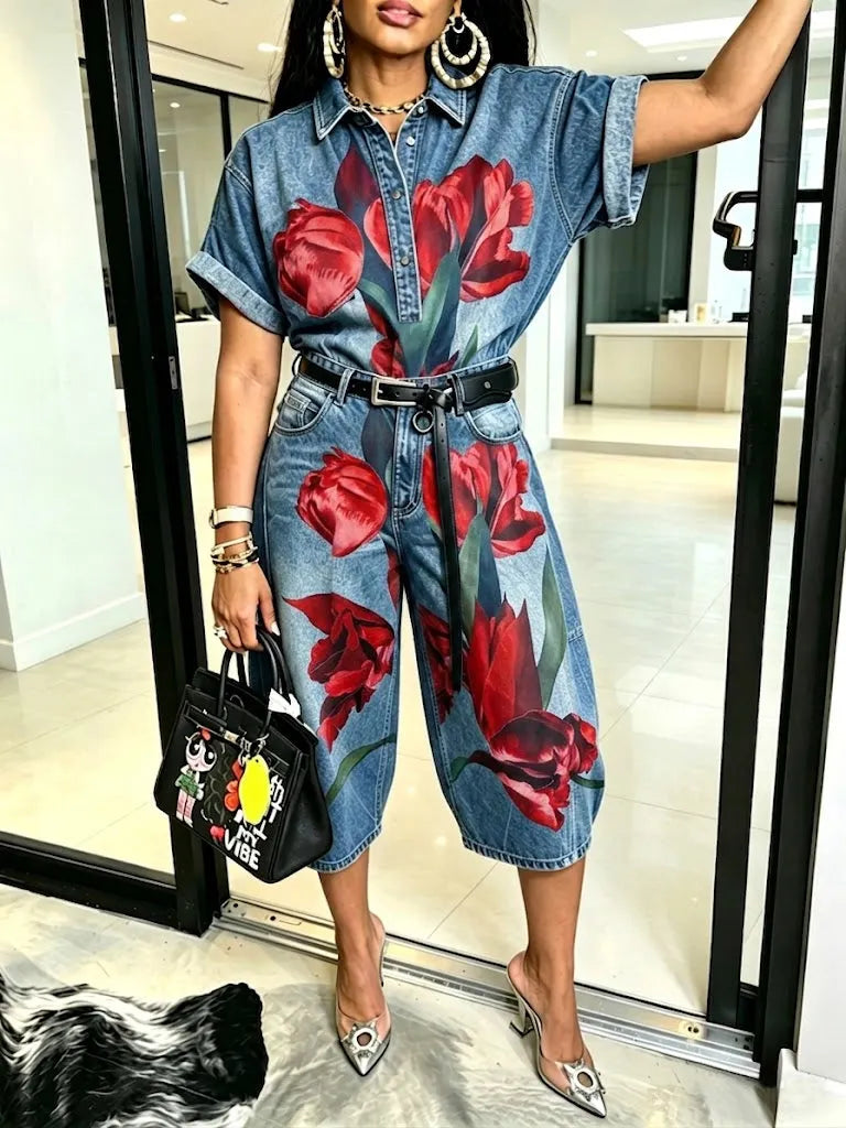Stylish Casual Floral-print Denim Shirt And Jeans Two-piece Set