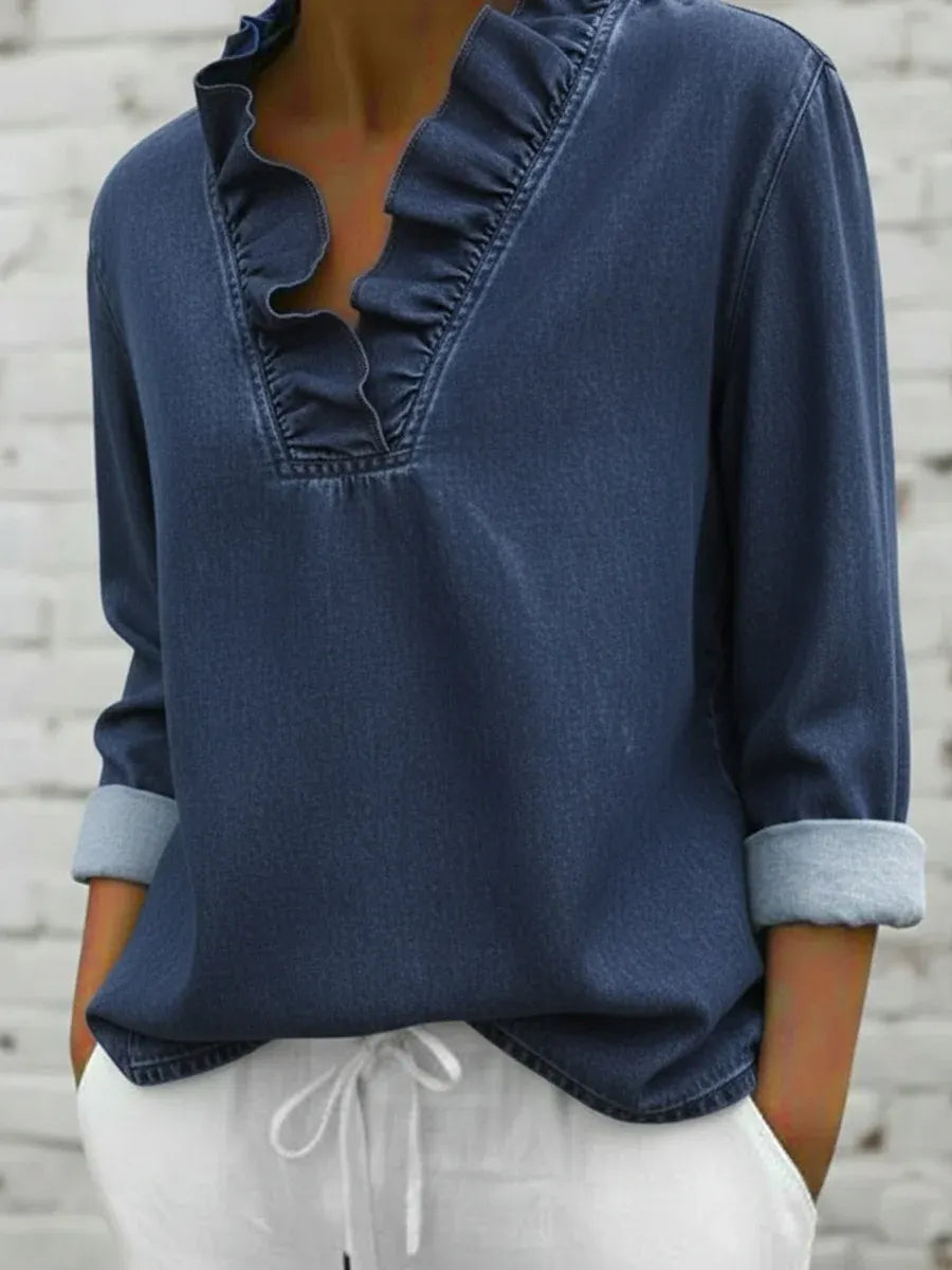 Retro Romantic Ruffled V-neck Denim Shirt