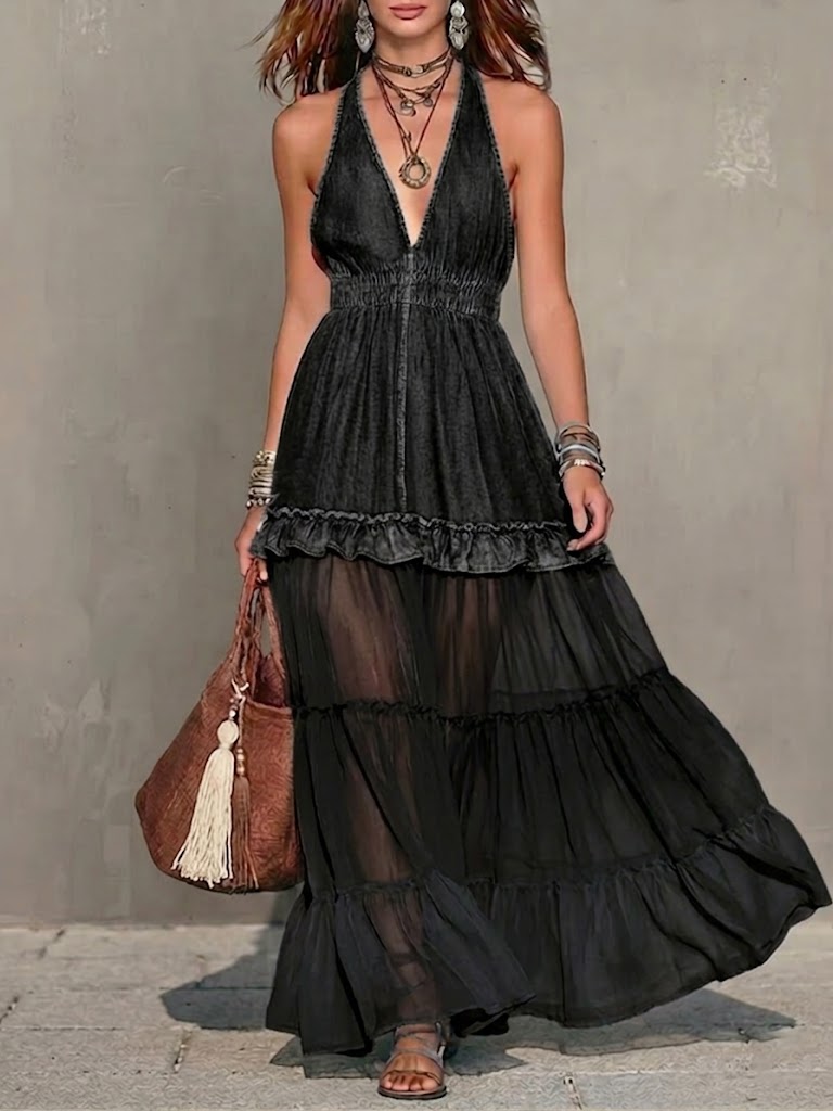 Stylish And Elegant Sleeveless Denim Dress With Chiffon Paneling