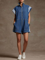 Contrast Color Drawstring Pockets Split-Joint Striped Zipper Loose Sleeveless Stand Collar Rompers