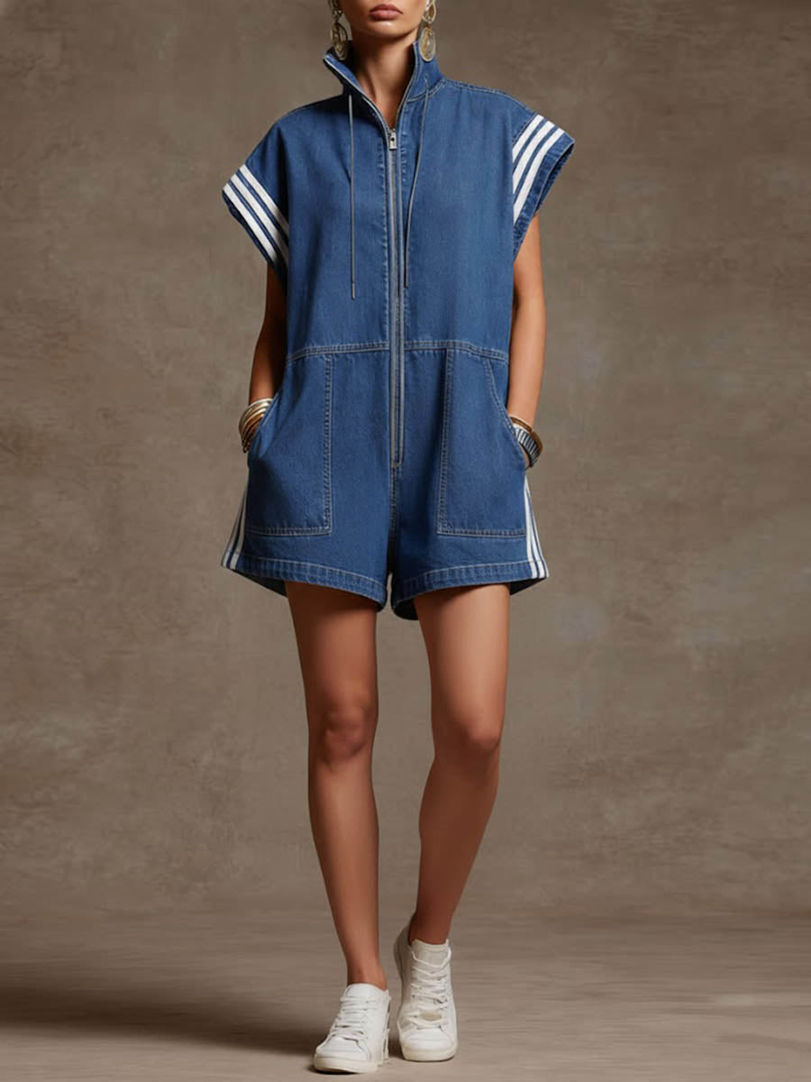 Contrast Color Drawstring Pockets Split-Joint Striped Zipper Loose Sleeveless Stand Collar Rompers