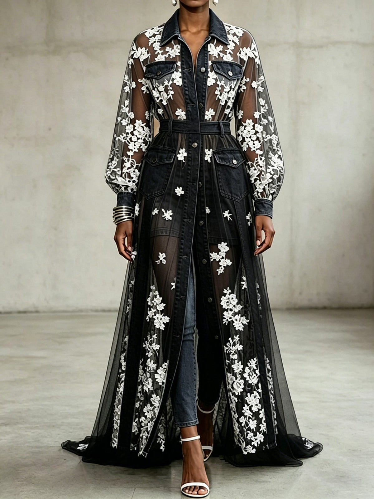 Vintage-style Blue Lace & Denim Maxi Dress â Collared, Sheer, With Lantern Sleeves And Contrast Accents