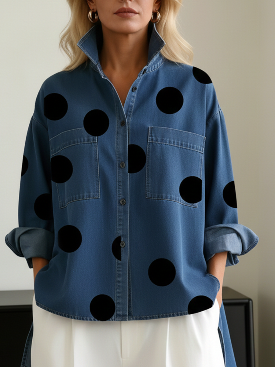 Elegant Artistic Polka Dot Print Stand-collar Cotton Top