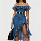 Women's Off-shoulder Denim Dress With Mesh Ruffles