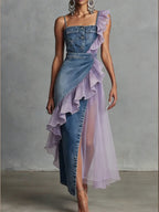 Stylish Casual Spliced chiffon And Denim Dress
