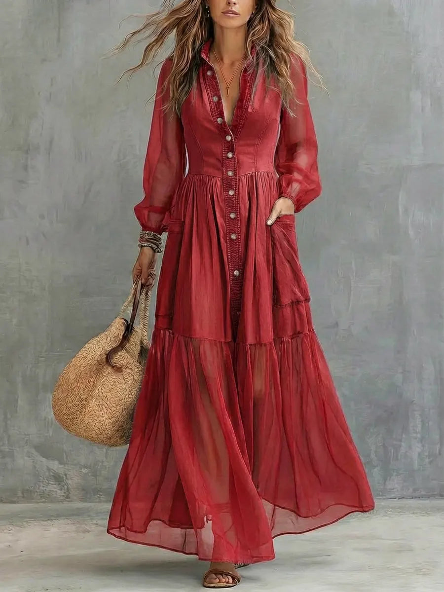 Women's Retro Lapel Denim Organza Patchwork Art Casual Maxi Dress