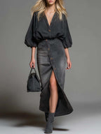 Women's V-neck 3/4 Sleeve Denim Top And High-waisted Casual Loose Denim Skirt Set