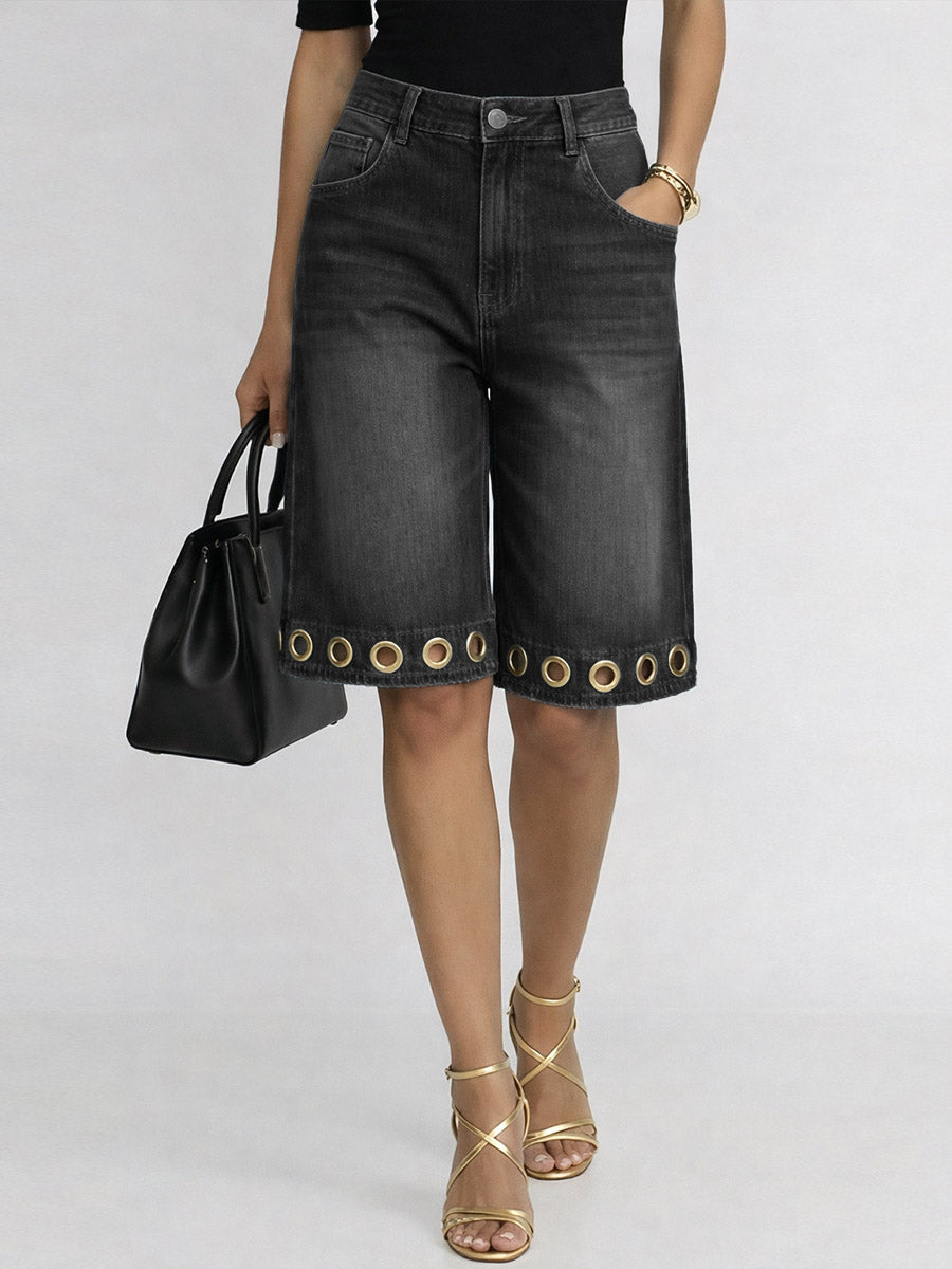 Women's High-waisted Casual Loose-fit Denim Wide-leg Shorts With Metal Cutout Design