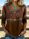 Women's Vintage Gradient Print Casual Short Sleeves Denim Shirt