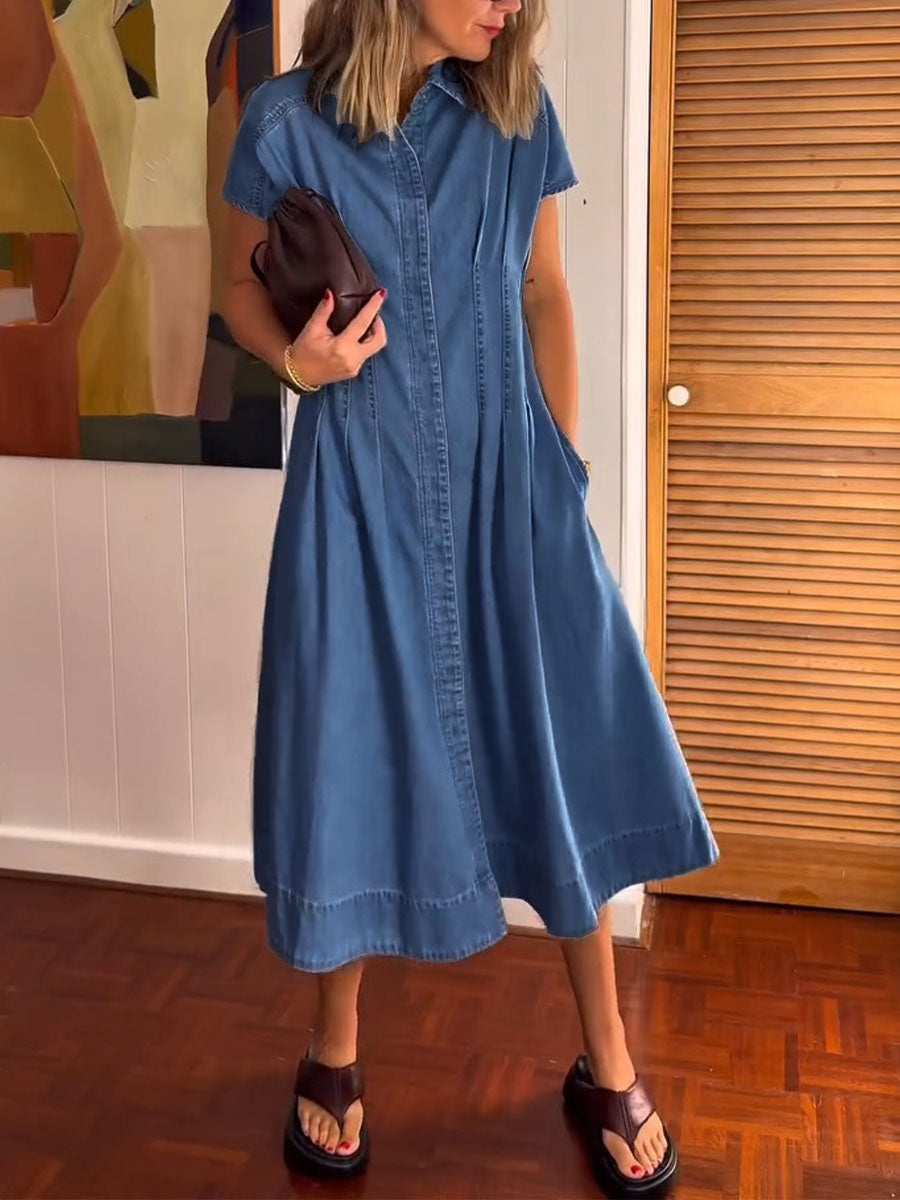 Women's Short-sleeve Casual Loose Pleated Denim Dress With Shirt Collar