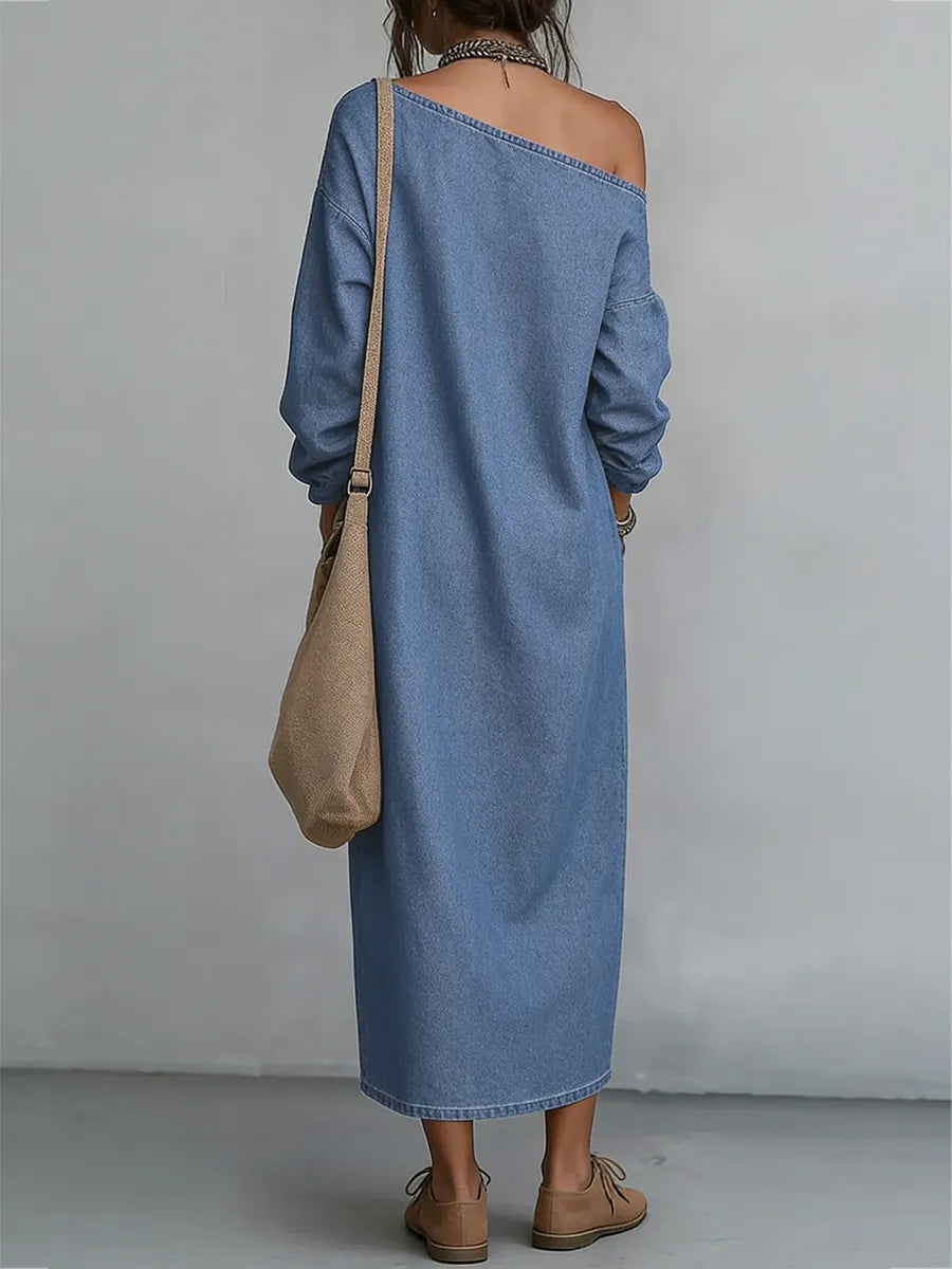 Pockets Solid Color Split-front H-line Long Sleeves One-shoulder Maxi Dresses