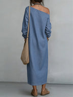 Pockets Solid Color Split-front H-line Long Sleeves One-shoulder Maxi Dresses