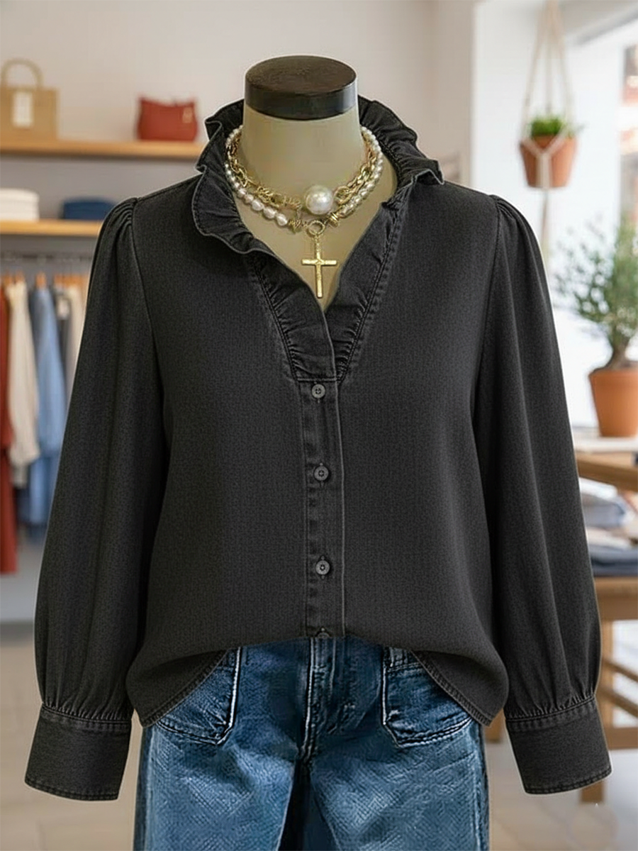 Romantic Ruffled Collar Denim Shirt