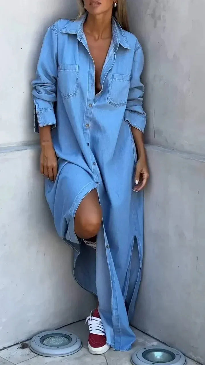 Ladies' Lapel Buckle Split Casual and Relaxed Dress