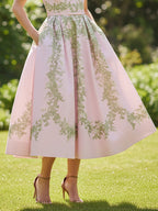 Midi Linen Dress, Cap Sleeves, Round Neck, Floral, Pocket Design, Vintage, Pink